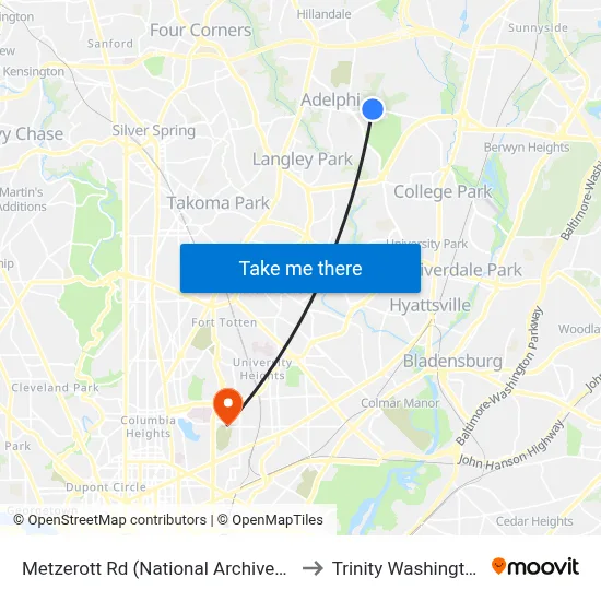 Metzerott Rd (National Archives at College Park) Wb to Trinity Washington University map