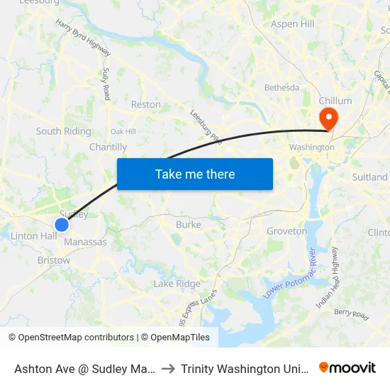 Ashton Ave @ Sudley Manor Dr to Trinity Washington University map