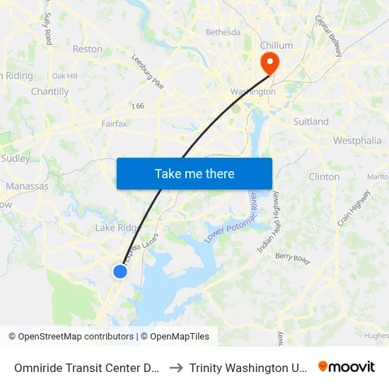 Omniride Transit Center Departures to Trinity Washington University map