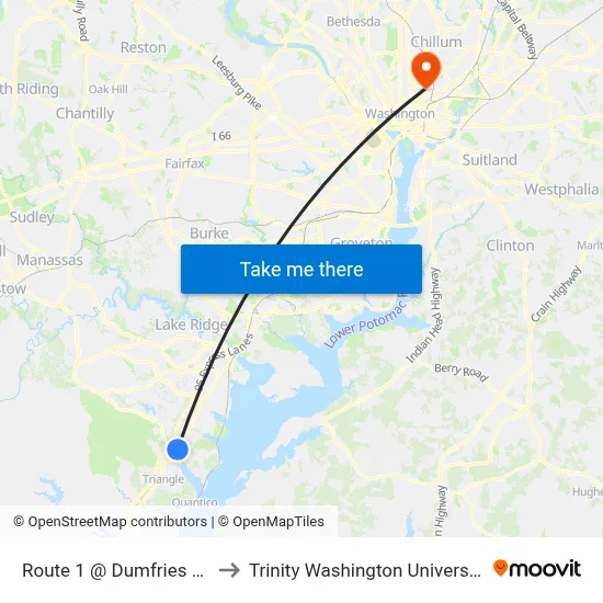Route 1 @ Dumfries Rd to Trinity Washington University map