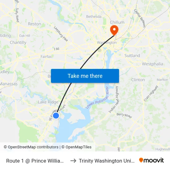 Route 1 @ Prince William Pkwy to Trinity Washington University map