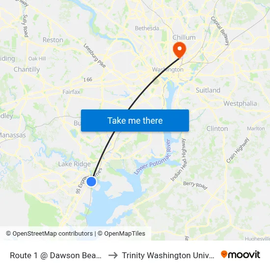 Route 1 @ Dawson Beach Rd to Trinity Washington University map