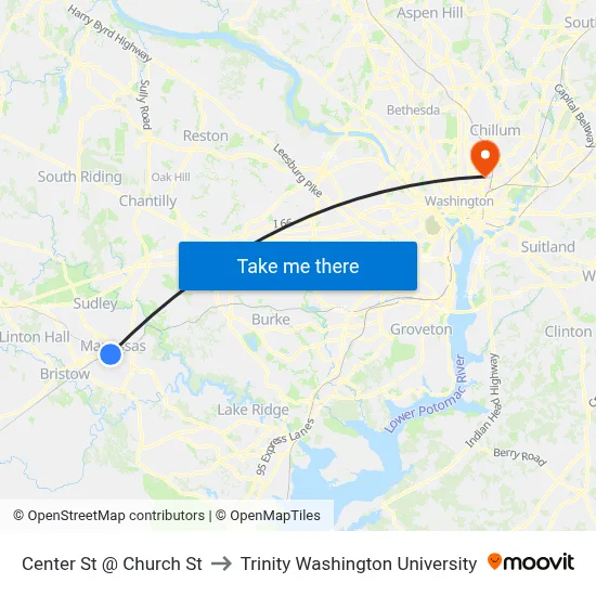 Center St @ Church St to Trinity Washington University map