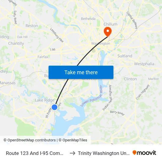 Route 123 And I-95  Commuter Lot to Trinity Washington University map