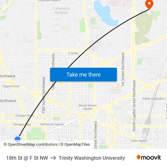 18th St @ F St NW to Trinity Washington University map