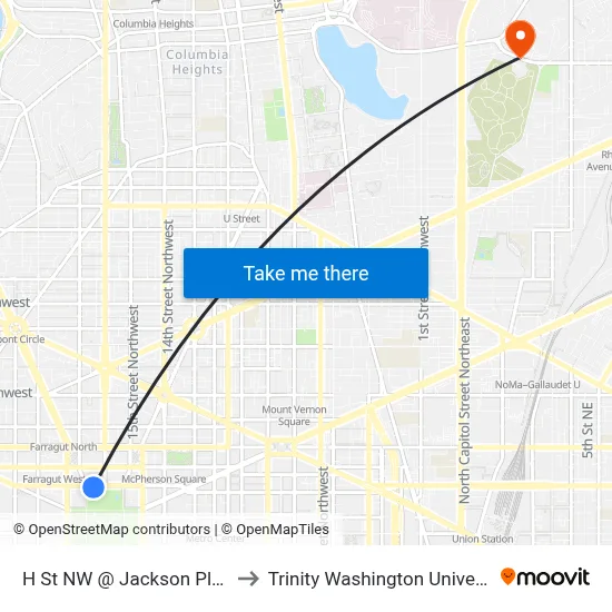 H St NW @  Jackson Pl NW to Trinity Washington University map