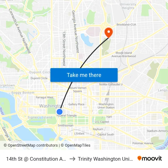 14th St @ Constitution Ave NW to Trinity Washington University map