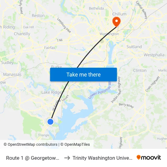 Route 1 @ Georgetown Rd to Trinity Washington University map
