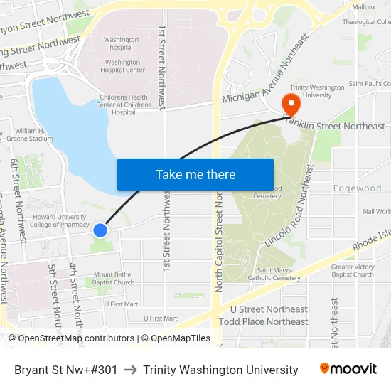 Bryant St Nw+#301 to Trinity Washington University map