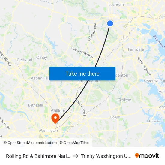 Rolling Rd & Baltimore National Pike to Trinity Washington University map