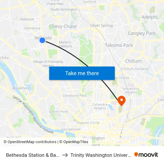 Bethesda Station & Bay H to Trinity Washington University map