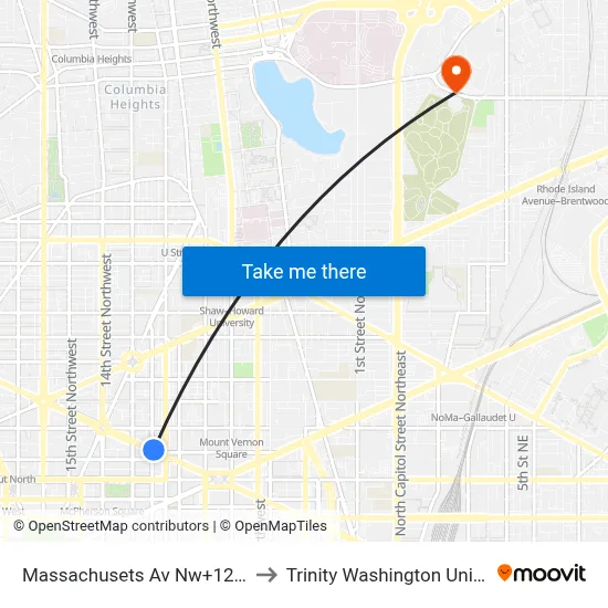 Massachusetts Av Nw+12 St NW to Trinity Washington University map