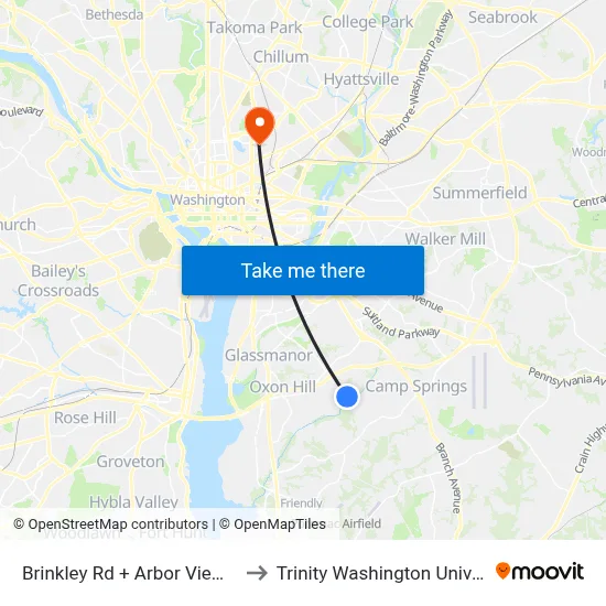 Brinkley Rd + Arbor View Apts to Trinity Washington University map