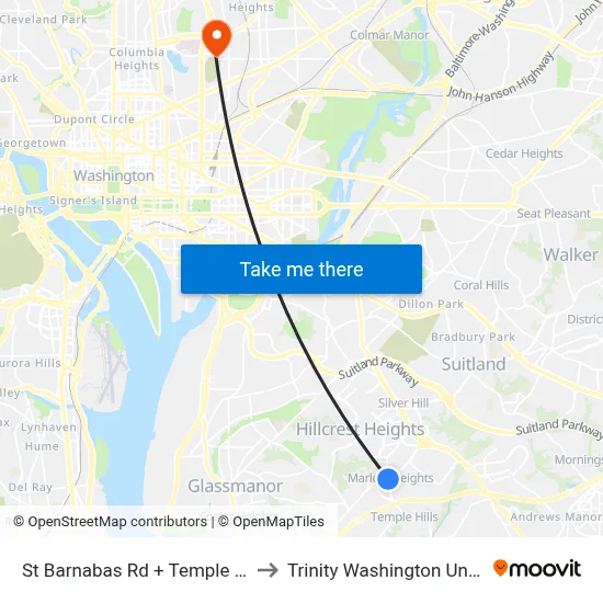 St Barnabas Rd + Temple Hills Rd to Trinity Washington University map
