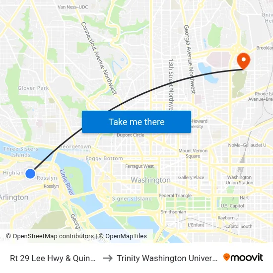 Rt 29 Lee Hwy & Quinn St to Trinity Washington University map
