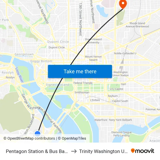 Pentagon Station & Bus Bay L4 (Hov) to Trinity Washington University map