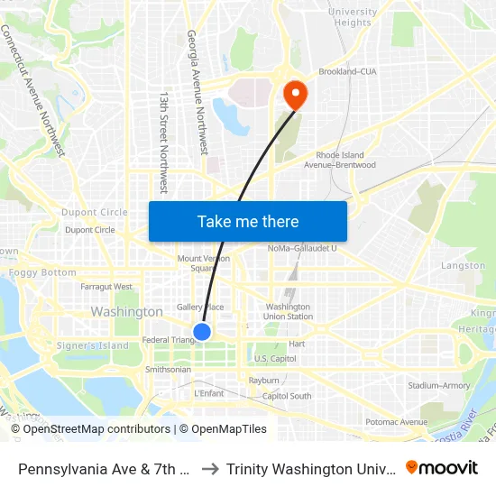 Pennsylvania Ave & 7th St Nw to Trinity Washington University map