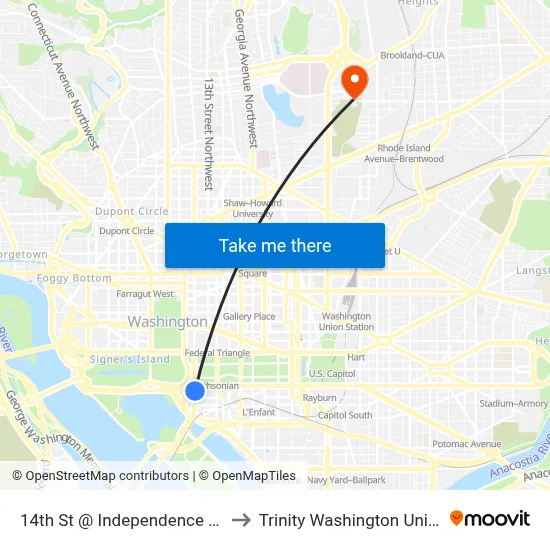 14th St @ Independence Ave Sw to Trinity Washington University map
