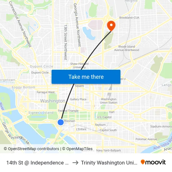 14th St @ Independence Ave Sw to Trinity Washington University map