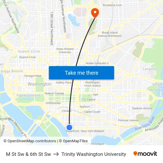 M St Sw & 6th St Sw to Trinity Washington University map