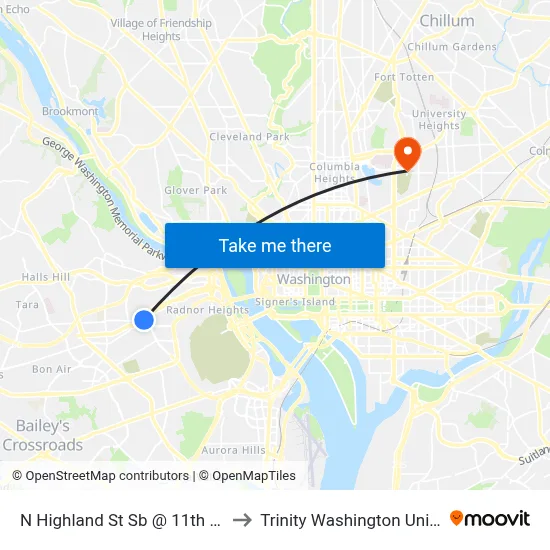 N Highland St Sb @ 11th St N Ns to Trinity Washington University map