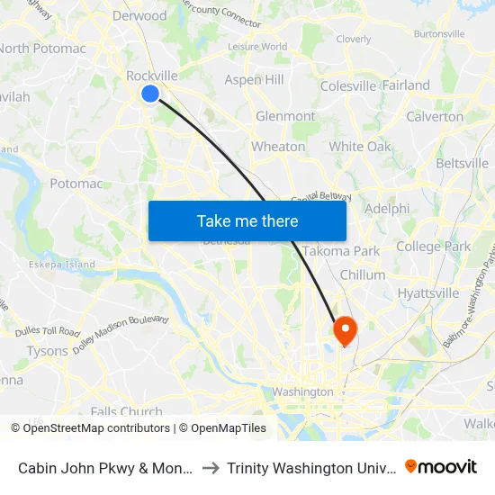 Cabin John Pkwy & Monroe St to Trinity Washington University map
