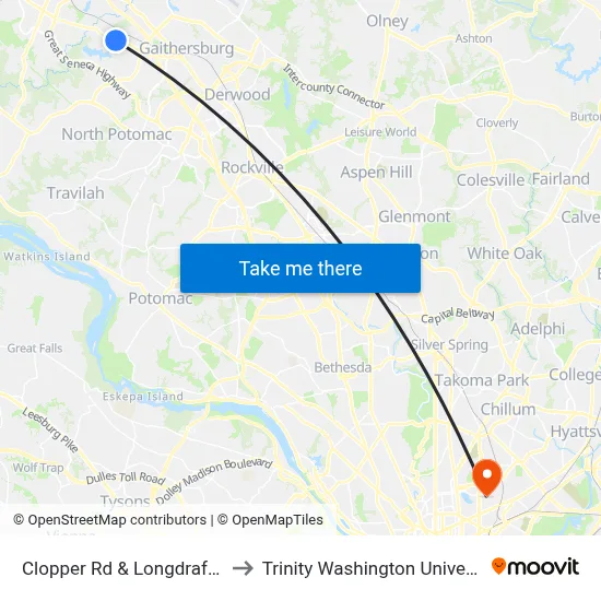 Clopper Rd & Longdraft Rd to Trinity Washington University map