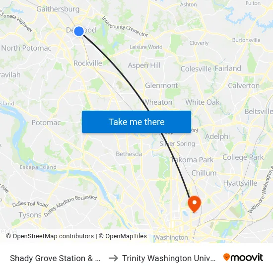 Shady Grove Station & Bay E to Trinity Washington University map
