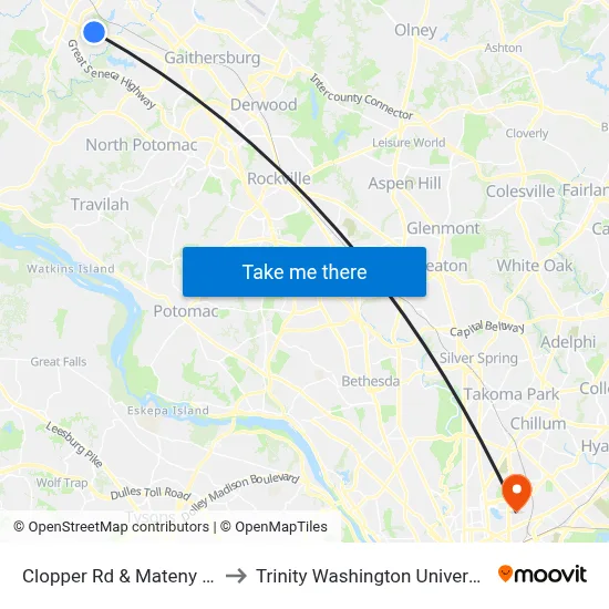 Clopper Rd & Mateny Rd to Trinity Washington University map