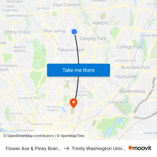 Flower Ave & Piney Branch Rd to Trinity Washington University map
