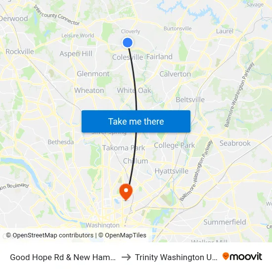 Good Hope Rd & New Hampshire Ave to Trinity Washington University map