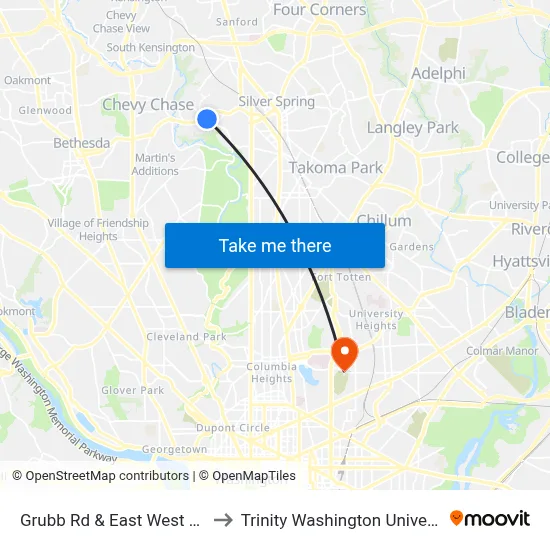 Grubb Rd & East West Hwy to Trinity Washington University map