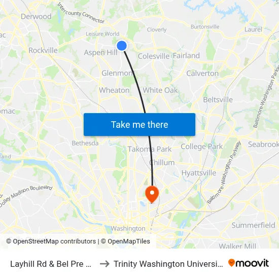 Layhill Rd & Bel Pre Rd to Trinity Washington University map