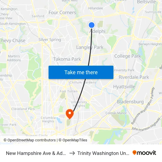 New Hampshire Ave & Adelphi Rd to Trinity Washington University map