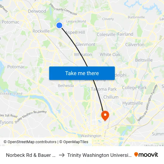 Norbeck Rd & Bauer Dr to Trinity Washington University map