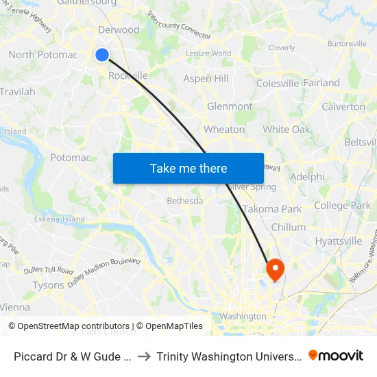 Piccard Dr & W Gude Dr to Trinity Washington University map