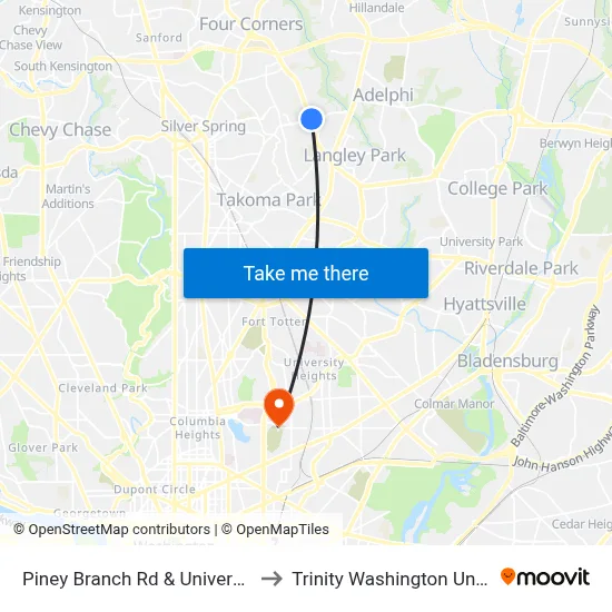 Piney Branch Rd & University Blvd to Trinity Washington University map