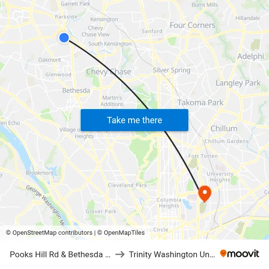 Pooks Hill Rd & Bethesda Marriott to Trinity Washington University map
