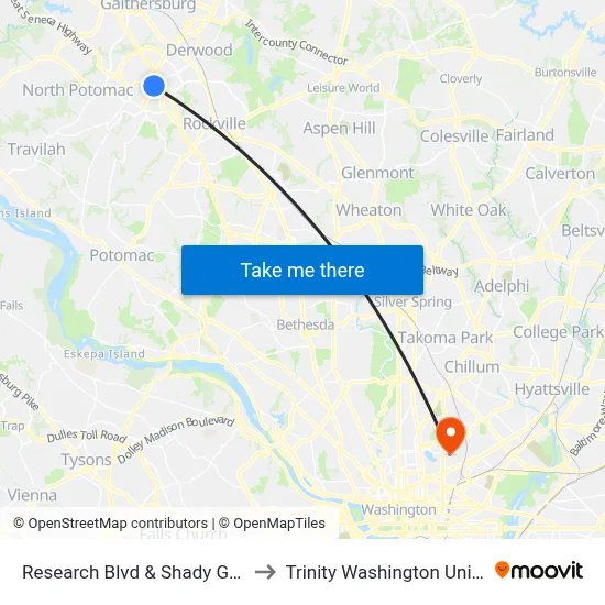Research Blvd & Shady Grove Rd to Trinity Washington University map