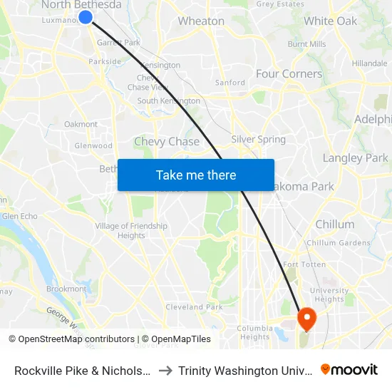 Rockville Pike & Nicholson Ln to Trinity Washington University map