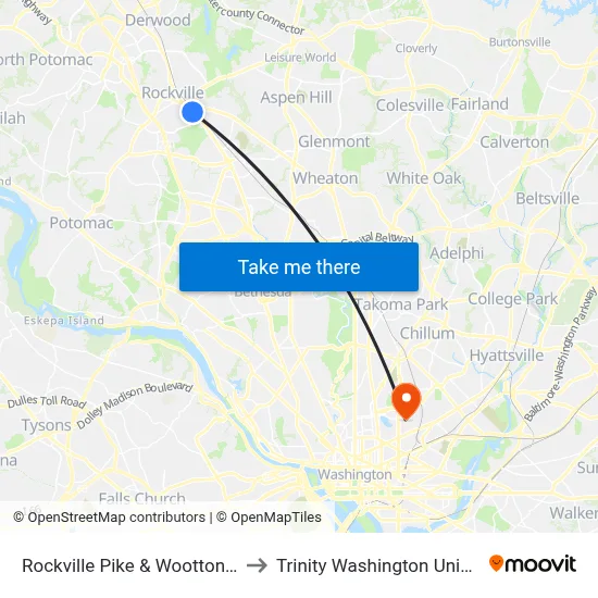 Rockville Pike & Wootton Pkwy to Trinity Washington University map