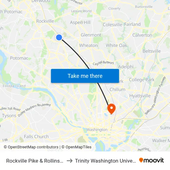 Rockville Pike & Rollins Ave to Trinity Washington University map