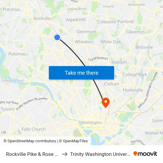 Rockville Pike & Rose Ave to Trinity Washington University map