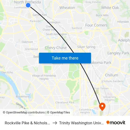 Rockville Pike & Nicholson Ln to Trinity Washington University map