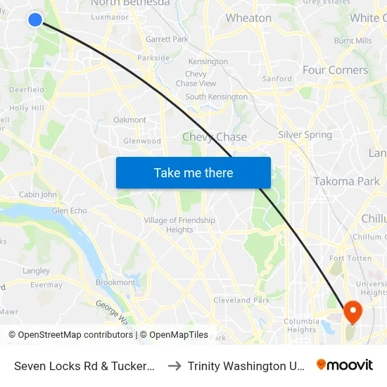 Seven Locks Rd & Tuckerman Lane to Trinity Washington University map
