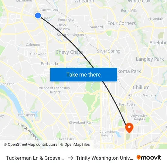 Tuckerman Ln & Grosvenor Pl to Trinity Washington University map