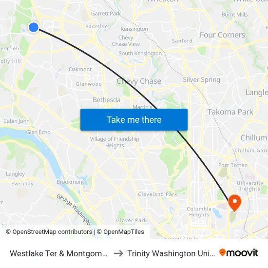Westlake Ter & Montgomery Mall to Trinity Washington University map