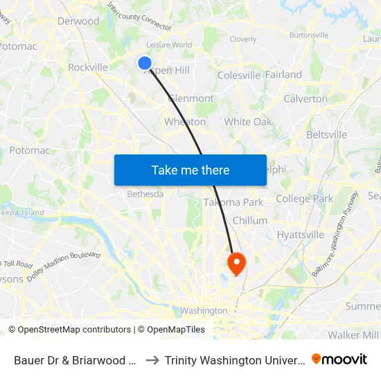 Bauer Dr & Briarwood Terr to Trinity Washington University map