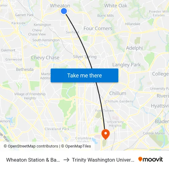 Wheaton Station & Bay H to Trinity Washington University map