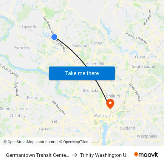 Germantown Transit Center & Bay F to Trinity Washington University map
